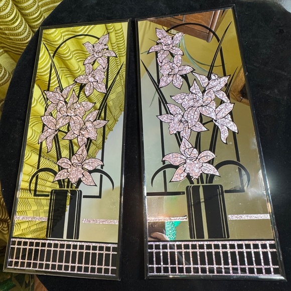 Vintage 80s Duffex mirror, foil art pink flowers, sold individually, 2 available - Picture 6 of 6